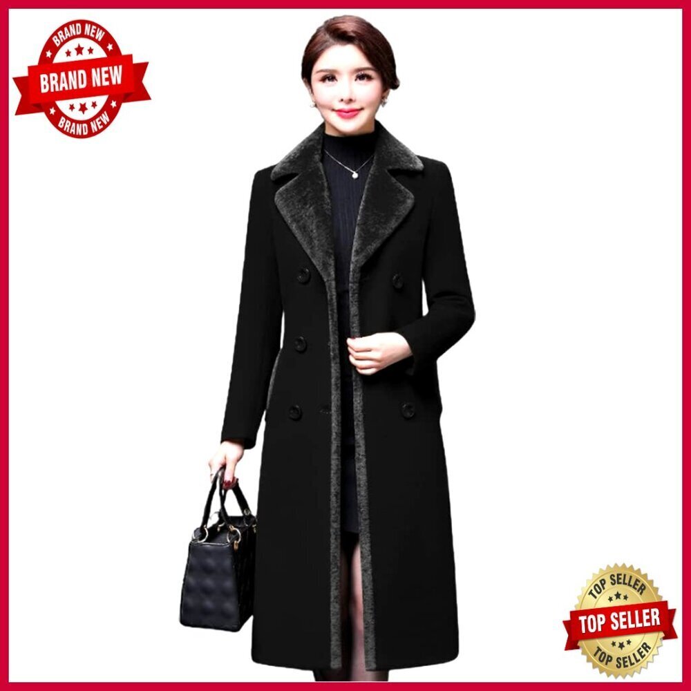 Wool Peacoat Double Breasted Long Trench Coat Slim Fit Women's Winter